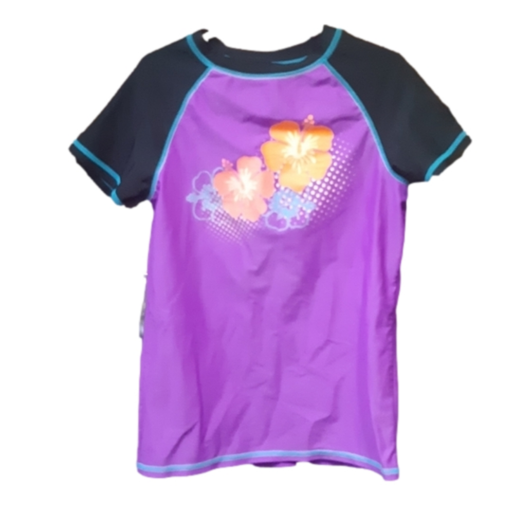 Girls size M 10-12 swim top rash guard short sleeve UV protection purple